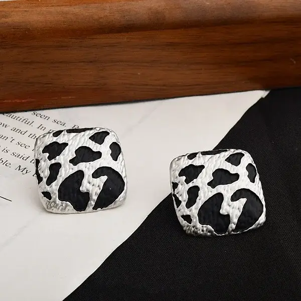 Leopard Print Brass Enamel Stud Earrings for Women