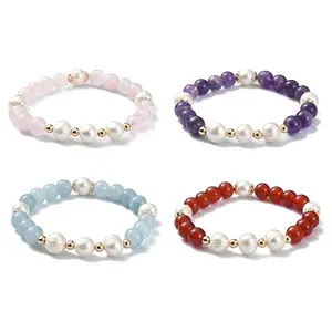 Natural Mixed Gemstone & Pearl Beaded Stretch Bracelet for Women