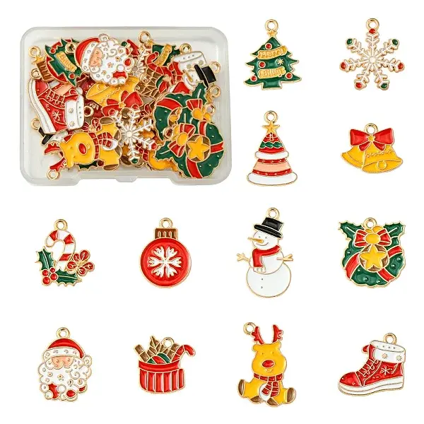 24Pcs 12 Styles Christmas Theme Alloy Enamel Pendants