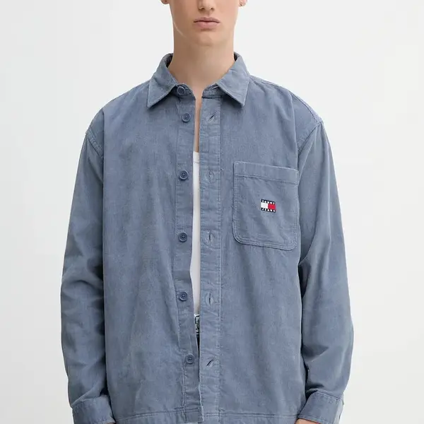 Bavlněná košile Tommy Jeans pánská, modrá barva, regular, s klasickým límcem, DM0DM21698