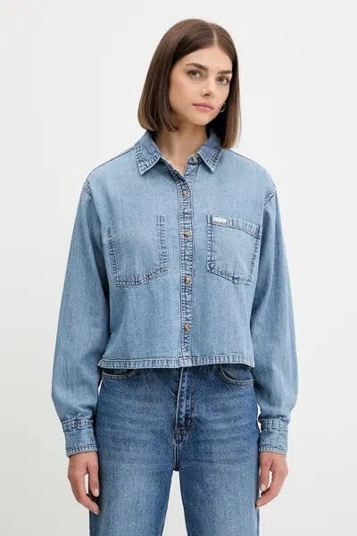 Džínová košile Guess Jeans dámská, modrá barva, relaxed, s klasickým límcem, W5YH0D D5M86