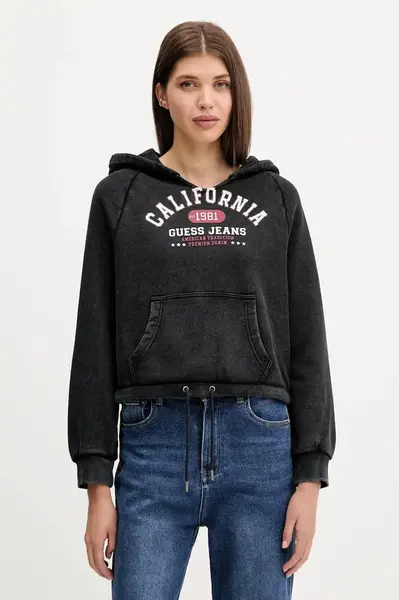 Bavlněná mikina Guess Jeans dámská, černá barva, s kapucí, s potiskem, W5YQ14 KCPR1