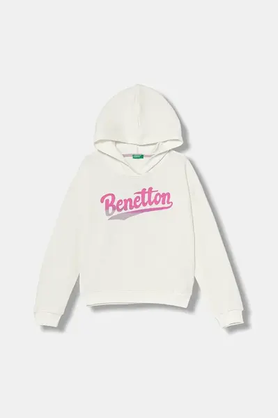 Dětská bavlněná mikina United Colors of Benetton bílá barva, s kapucí, s potiskem, 3J68C204W