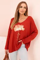 Kesi Włoski Dámská blůza z viskózy s dlouhým rukávem a zlatým květinovým potiskem ruda