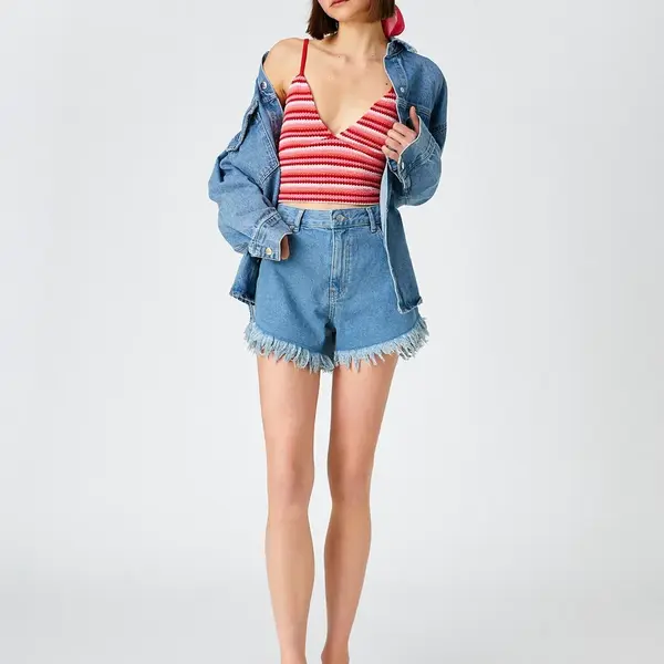 Koton Denim Shorts High Waist, Tassels Pocket Cotton.