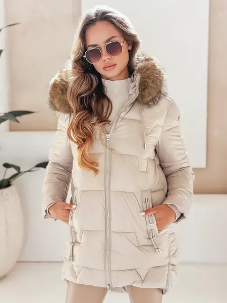 Kurtka damska zimowa NORINA pikowana z futerkiem beżowa Dstreet