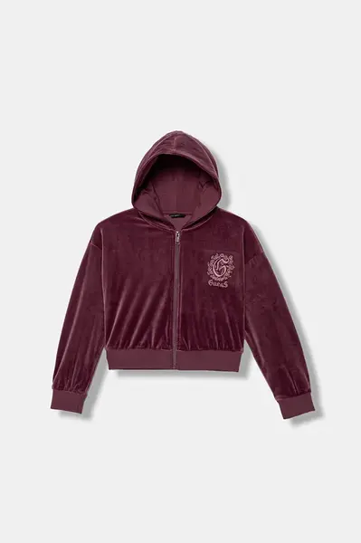 Dětská velurová mikina Guess vínová barva, s kapucí, s aplikací, J5BQ07 K0232