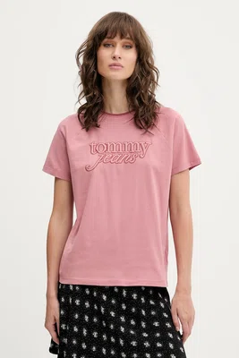 Bavlněné tričko Tommy Jeans dámské, růžová barva, DW0DW21388