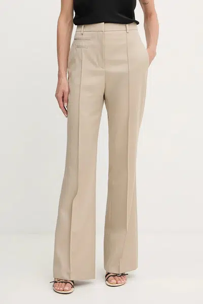 Vlněné kalhoty BOSS béžová barva, high waist, 50543311