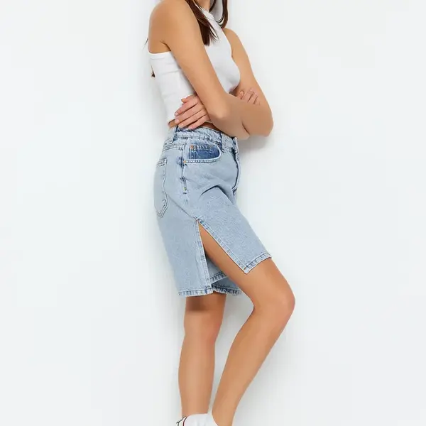 Trendyol Light Blue Slit High Waist Denim Shorts