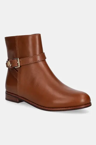 Kožené kotníkové boty Lauren Ralph Lauren Brooke Bt 2 dámské, hnědá barva, na plochém podpatku, 802974382001