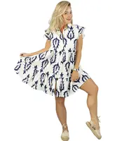 Shirt dress with frills and print cotton and linen AMELIA