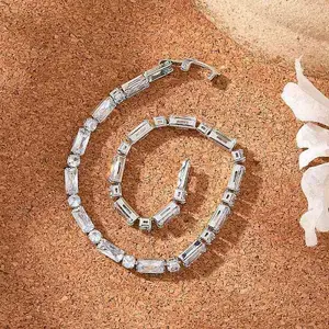 Brass Pave Clear Cubic Zirconia Rectangle & Flat Round Link Bracelets