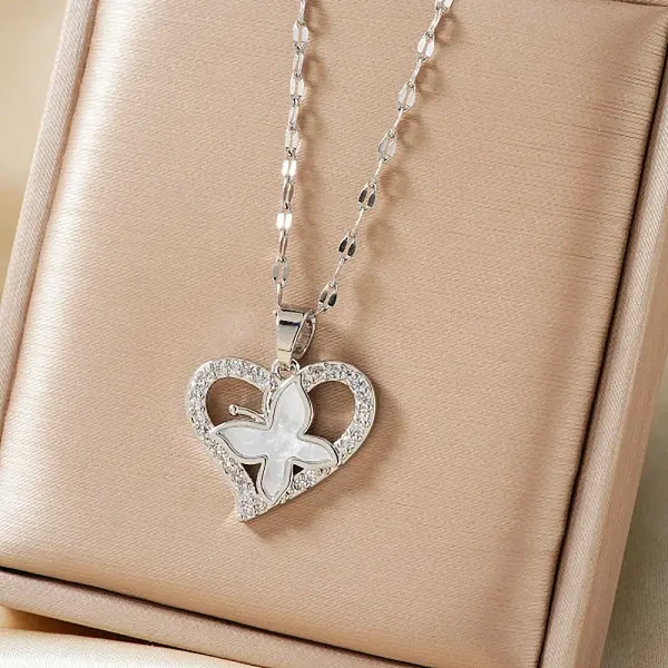 Elegant Brass Clear Cubic Zirconia Hollow Design Butterfly Heart Pendant Necklaces for Women