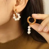 304 Stainless Steel & Freshwater Pearl Asymmetric Hoop Earrings