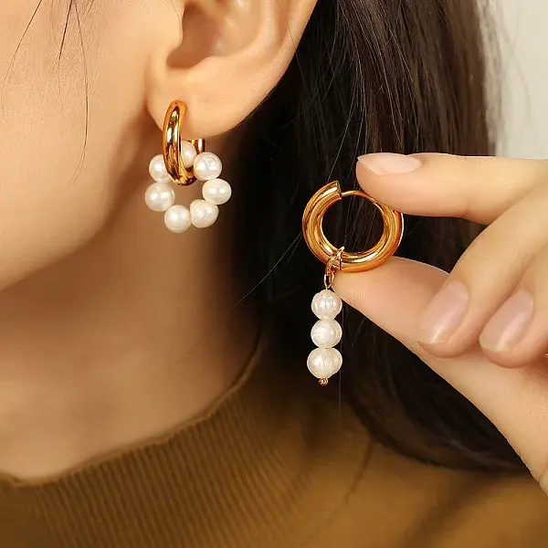 304 Stainless Steel & Freshwater Pearl Asymmetric Hoop Earrings