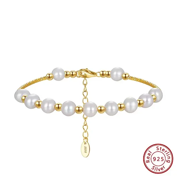 Natural Pearl & 925 Sterling Silver Curved Tube Beaded Bracelet