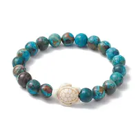Summer Beach Turtle Dyed Synthetic Turquoise & Round Ocean Jasper Beaded Stretch Bracelets for Women