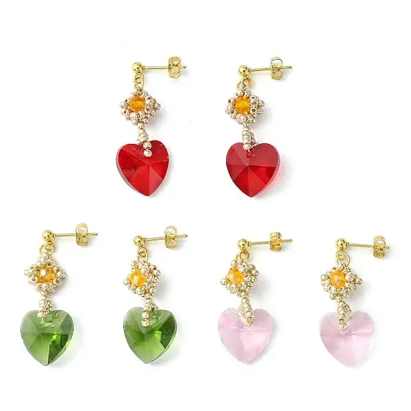 Glass Heart Dangle Stud Earrings