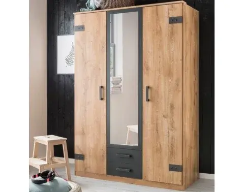 Šatní skříň se zrcadlem Cork, 135 cm, prkenný dub/grafit