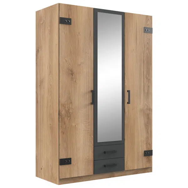 Stylife ŠATNÍ SKŘÍŇ SE ZRCADLEM, barvy grafitu, trámové dubové dřevo, 135/199/58 cm