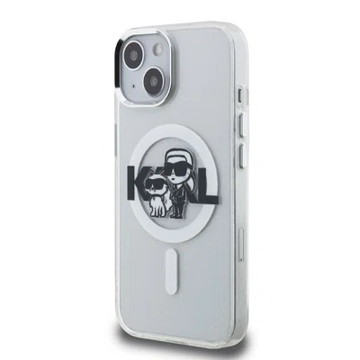 Zadní kryt Karl Lagerfeld IML Glitter Karl and Choupette Sketch MagSafe pro Apple iPhone 15, transparentní