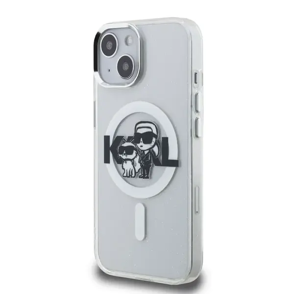 Zadní kryt Karl Lagerfeld IML Glitter Karl and Choupette Sketch MagSafe pro Apple iPhone 15, transparentní