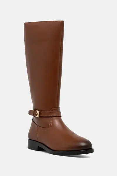 Kožené kozačky Tommy Hilfiger TH BUCKLE RIDING LTHR LONG BOOT dámské, hnědá barva, na plochém podpatku, FW0FW08873