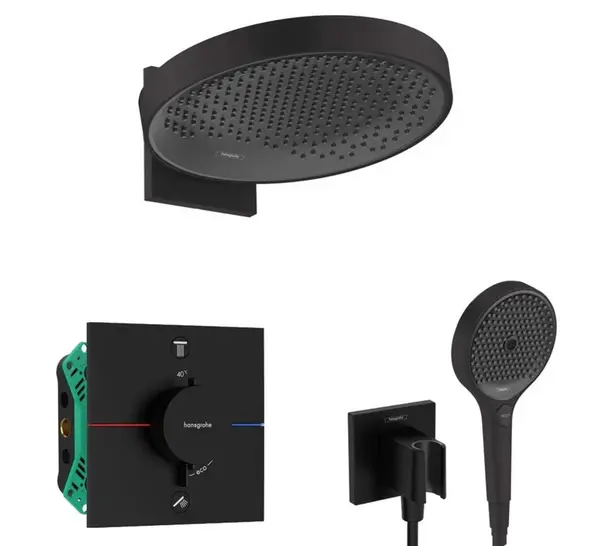 Hansgrohe - Sprchový set s termostatom pod omietku, s telesom, priemer 36 cm, 3 prúdy, matná čierna SANI21HHH411
