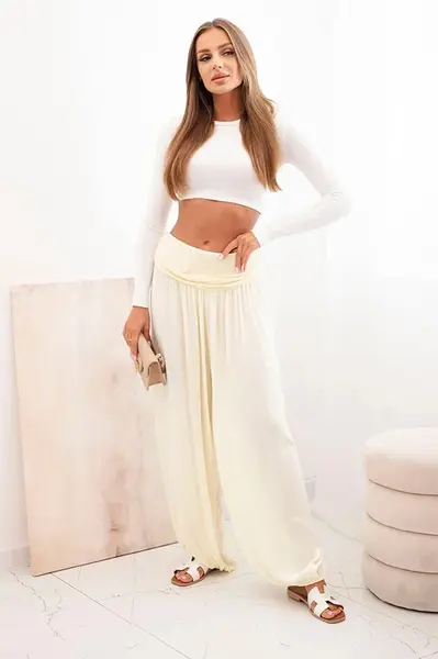 Kesi Włoski Dámské viskózové kalhoty s širokými nohavicemi a volánky žlutý