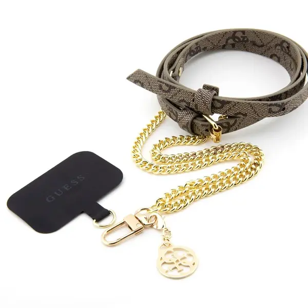 Popruh Guess Crossbody PU 4G Chain with Charm, zlatá / hnědá