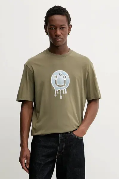 Bavlněné tričko Hugo Blue Nedirix pánské, zelená barva, s potiskem, 50549162