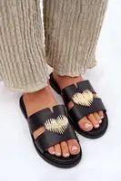 EVENTO Dámské Pantofle Na Plochém Podpatku Se Zlatou Dekorací Černé Karinma