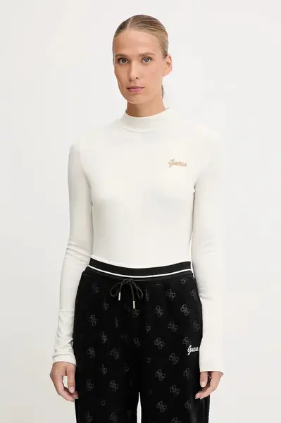 Tričko s dlouhým rukávem Guess ALBA béžová barva, s pologolfem, V5BP10 KCBF1