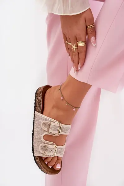 Boto Dámské Textilní Pantofle Na Korek Platformě S Přezkami Béžové Osoffe