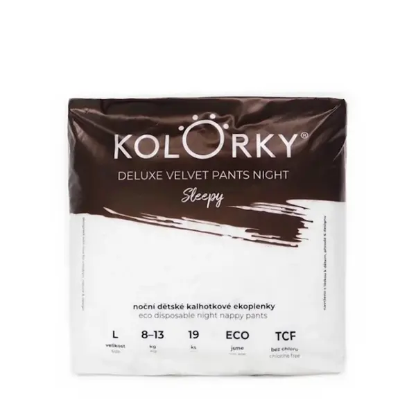 KOLORKY Deluxe Velvet nočné nohavičkové plienky L (8-13 kg) 19 kusov