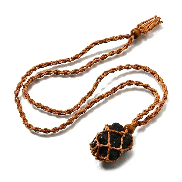 Natural Black Tourmaline Macrame Pouch Adjustable Slider Necklaces