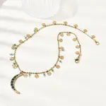 304 Stainless Steel Pave Green Cubic Zirconia Moon Pendant Necklaces for Women