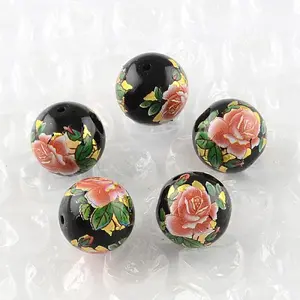 Rose Flower Pattern Printed Round Glass Beads