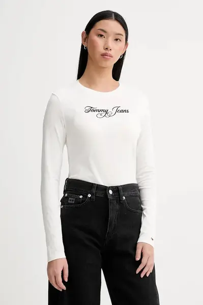 Bavlněné tričko s dlouhým rukávem Tommy Jeans béžová barva, DW0DW21844