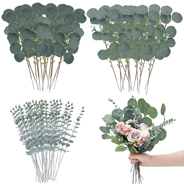 64Pcs 3 Styles Plastic Artificial Eucalyptus Leaf with Iron Wire Stems