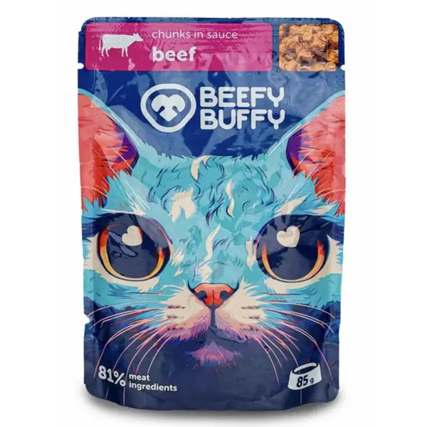BEEFY BUFFY kapsičky pre mačky mäsové hovädzie kúsky v omáčke 24x85g