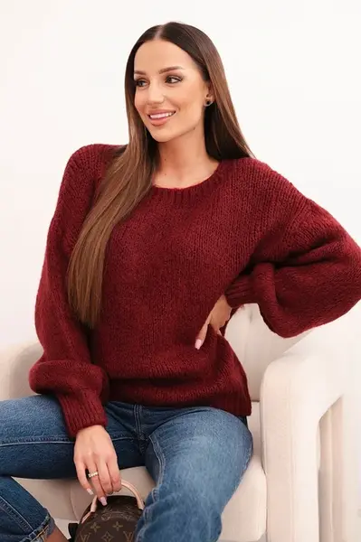 Kesi Włoski Svetr dámský s hrubým pletem z vlny a dlouhým rukávem bordó