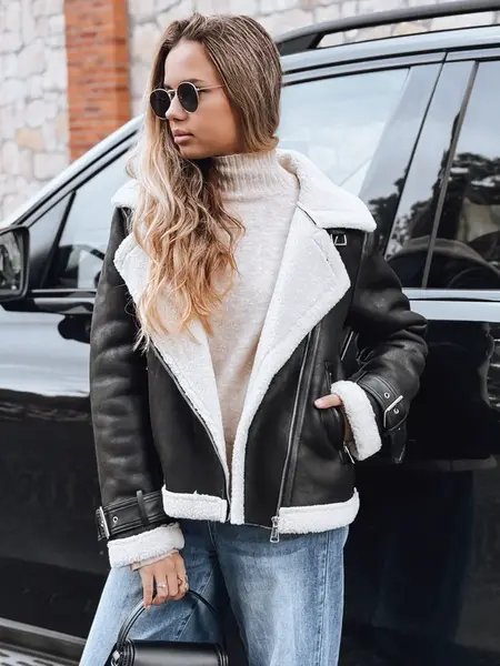 Dámska kožená bunda s kožušinovým golierom