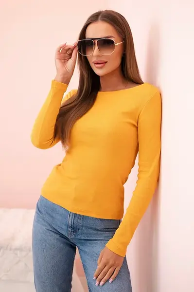 Kesi Dámská bavlněná blůza s dlouhým rukávem a lodičkovým výstřihem musztardová