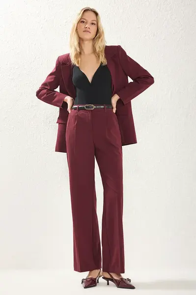 Trendyol Burgundy Pleated Wide Leg/Wide Leg Woven Trousers
