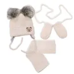 Baby Nellys Dětská sada, zimní čepice s šálou + rukavičky 3D, Teddy Bear - béžová