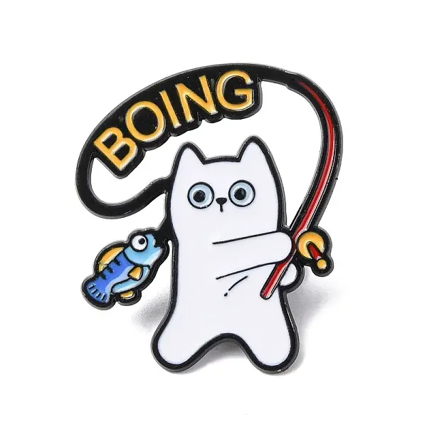 Fishing White Cat Enamel Pins