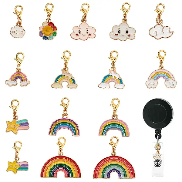 15Pcs Rainbow Alloy Enamel Badge Reel Pendant Decoration