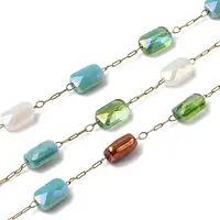 Handmade 304 Stainless Steel Chains with Rectangle Electroplate Glass Beads